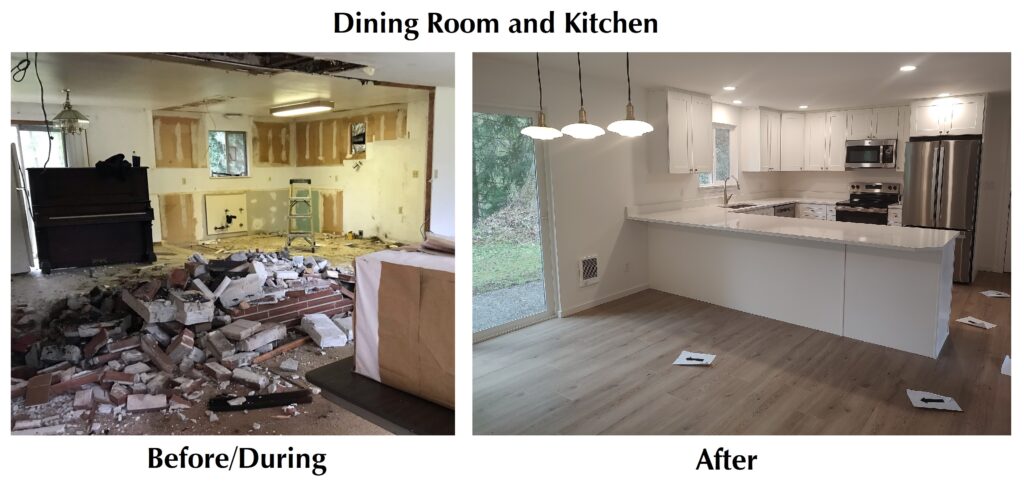 before and after of the dining room and kitchen