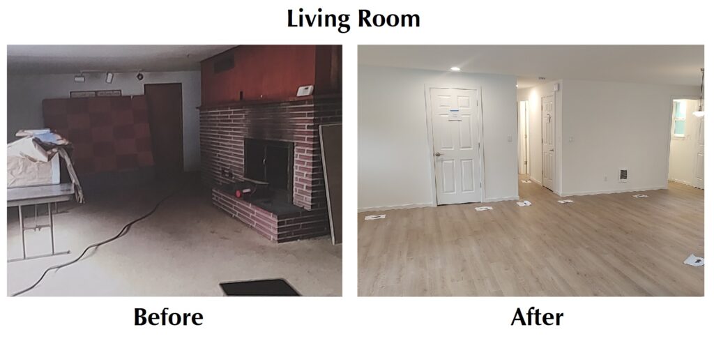 before and after of the fireplace and the living room