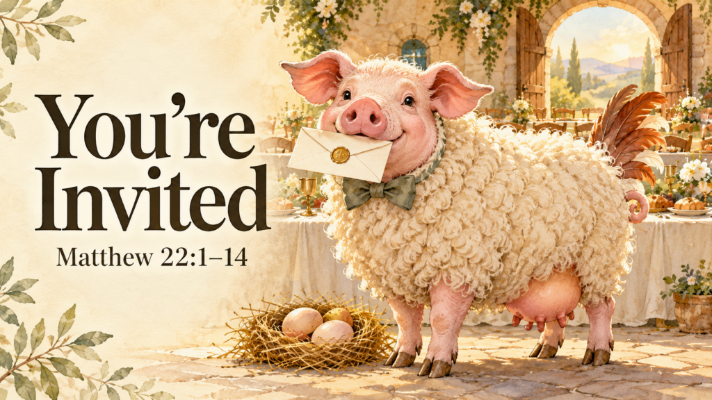 pink pig wearing sheep fleece and an olive green bow tie with a white invitation envelope in its mouth, "You're Invited - Matthew 22:1-14"